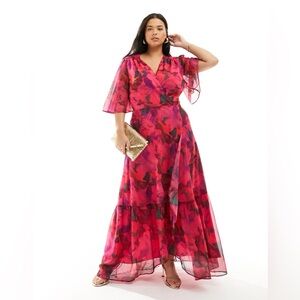 Hope & Ivy Plus Elegant Pink Floral Wrap Maxi Dress - Size 20